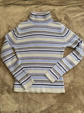 Blue Gray Periwinkle Striped Turtleneck Roll-down Sweater